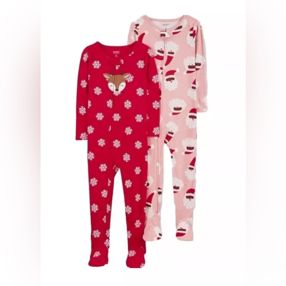 Carters Toddler Pink & Red Snowflake Reindeer Black Santa Footed Pajama Set 4T